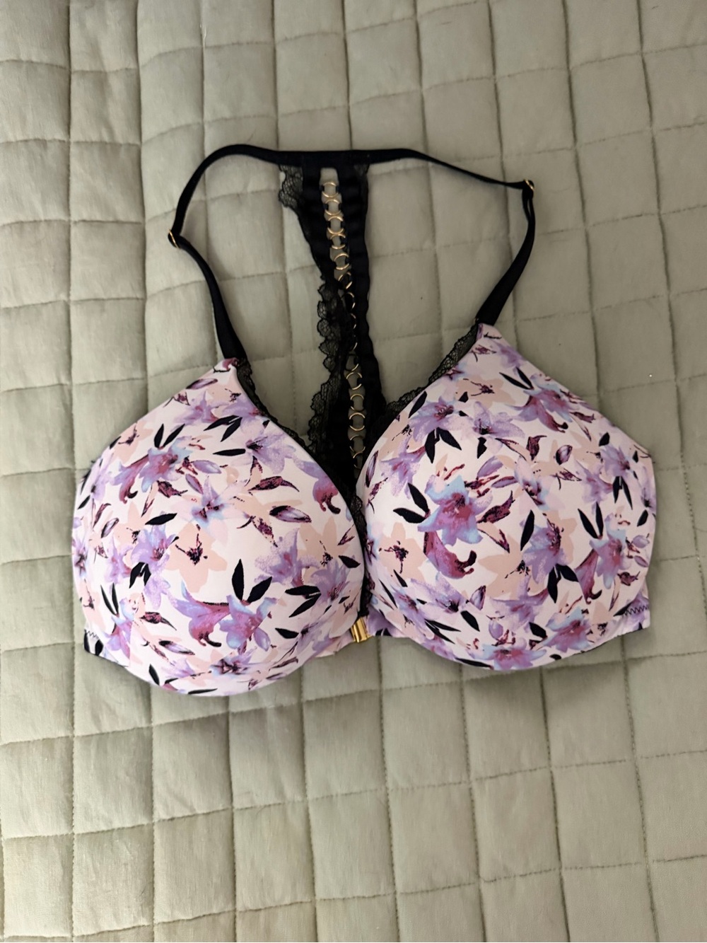 Victoria's Secret Pink & Purple Floral Lace-Back Halter Bra w/ front clasp